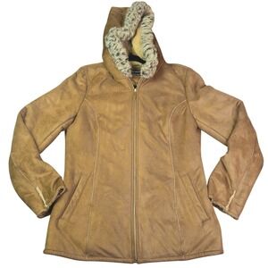 ELLEN TRACY Womens Hooded Faux Suede Jacket Plush Lined Zip Front Brown Medium